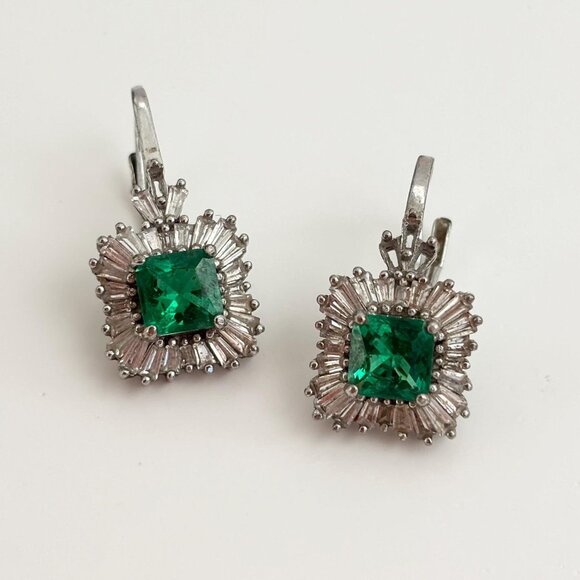 Jewelry - Art Deco Style Vintage Green CZ Sterling Silver Vintage Earrings